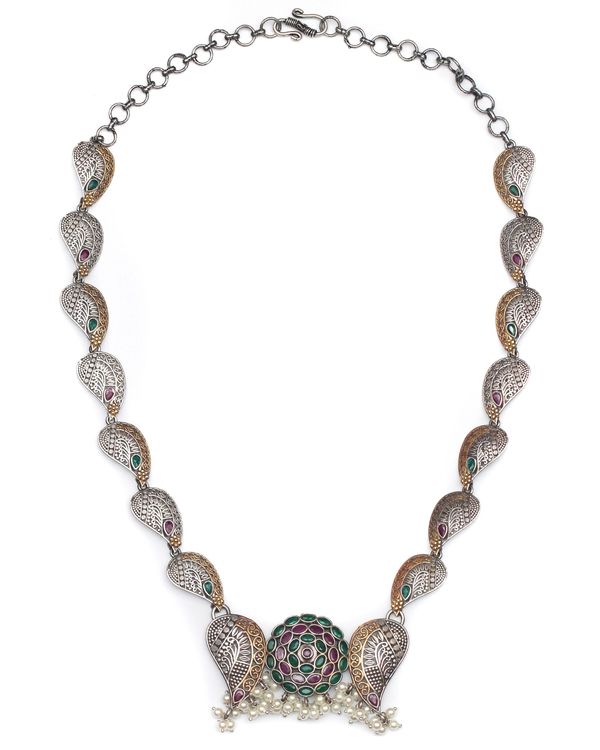 Paisley motif dual tone necklace and jhumka with red and green stones - set of two 2