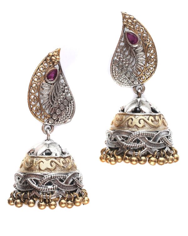Paisley motif dual tone necklace and jhumka with red and green stones - set of two 1