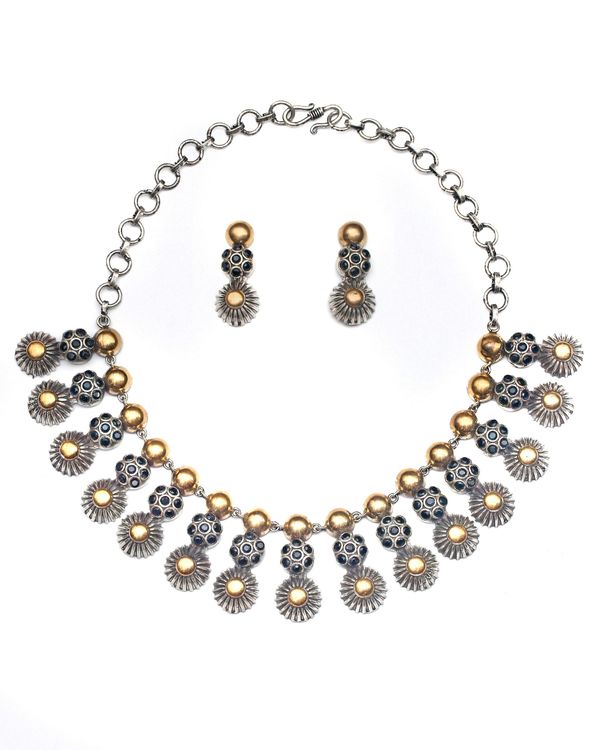 Dual toned floral stone work tier necklace and earring - set of two 2