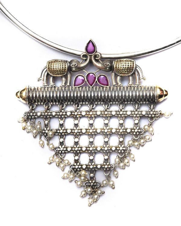 Elephant jali motif dual tone necklace 1