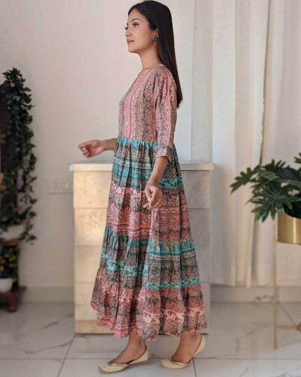Pink & cyan printed layered dress by Half Full Half Empty | The Secret ...
