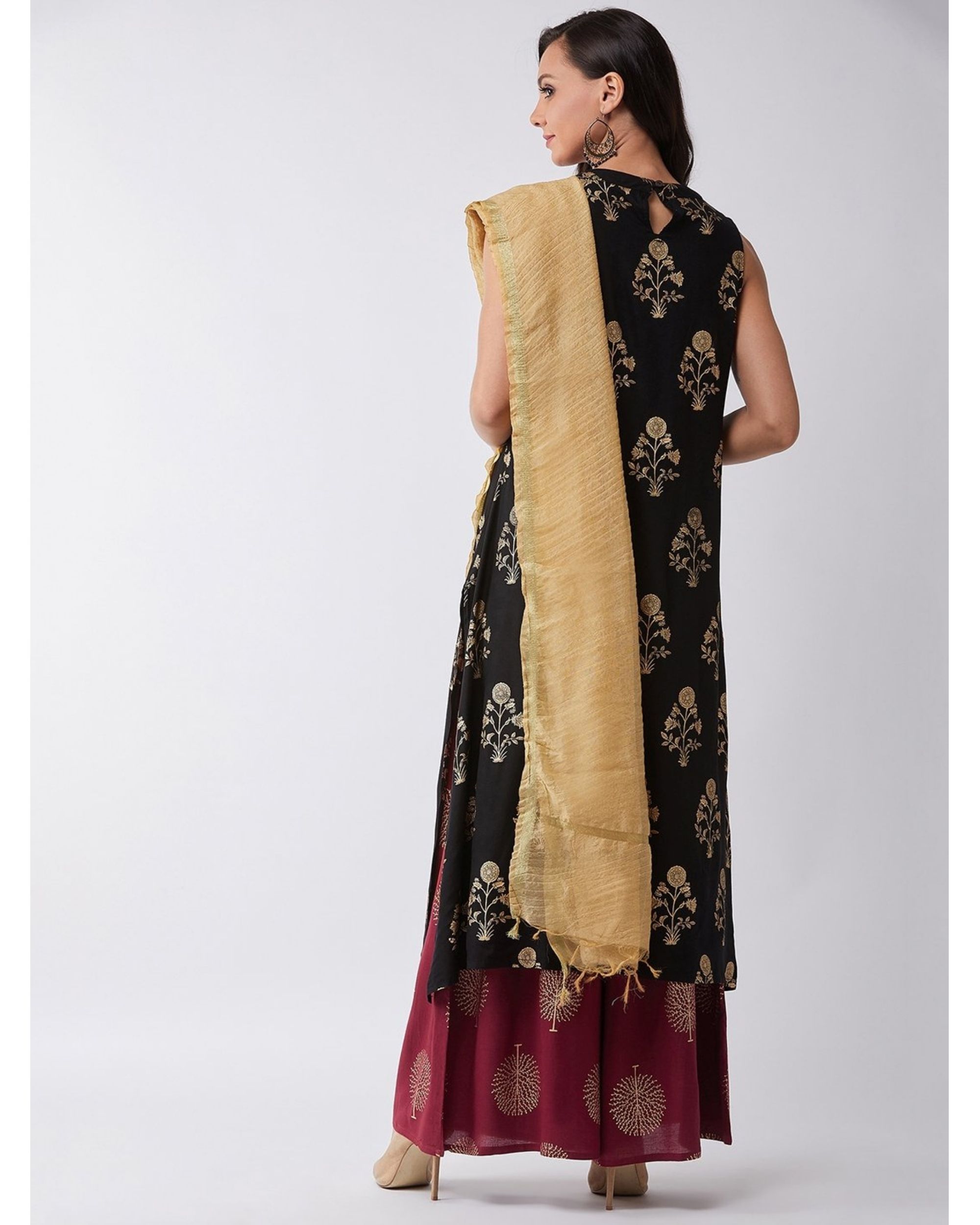 Black kurta with maroon palazzo and tassel dupatta set of three by