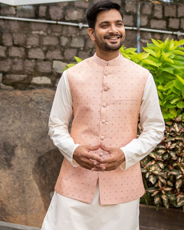 Pink silk polka dotted nehru jacket with off white kurta and pyjama - set of three 1