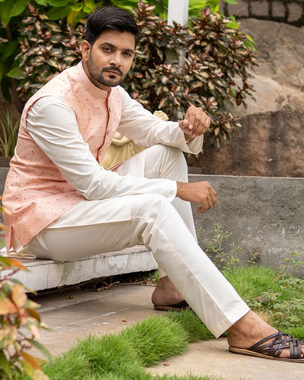 Pink silk polka dotted nehru jacket with off white kurta and pyjama - set of three 2