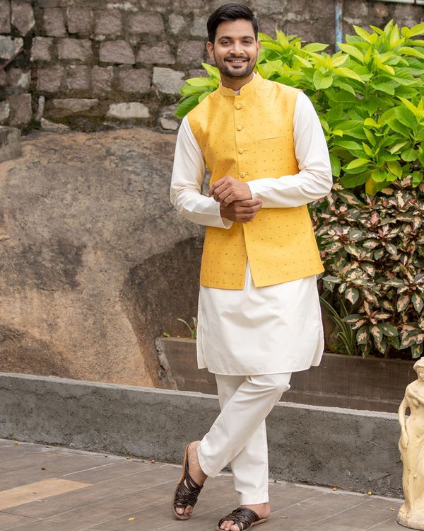 Mustard silk polka dotted nehru jacket with off white kurta and pyjama - set of three 2