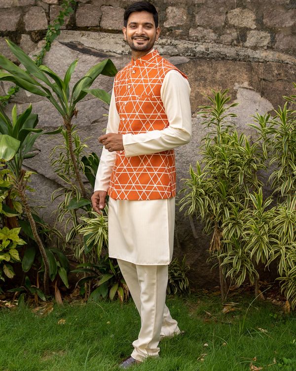 Orange criss cross nehru jacket with off white kurta and pyjama - set of three 3