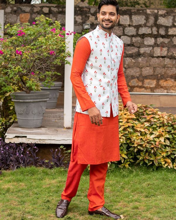 Green with red boota nehru jacket with orange kurta and pyjama - set of three 1