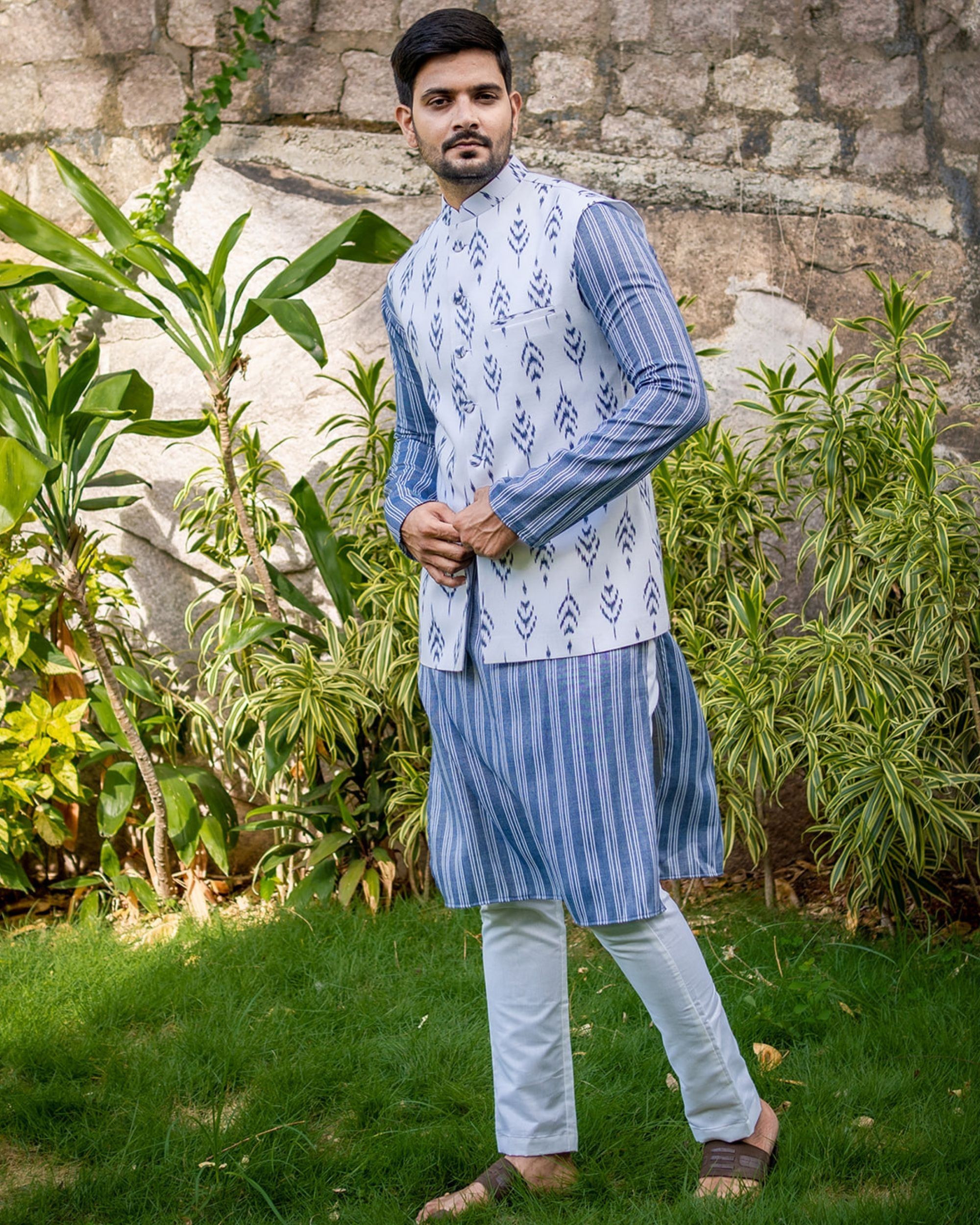 Blue And Grey Striped Kurta And Off White Pyjama With Ikat Printed Nehru Jacket Set Of Three 6209