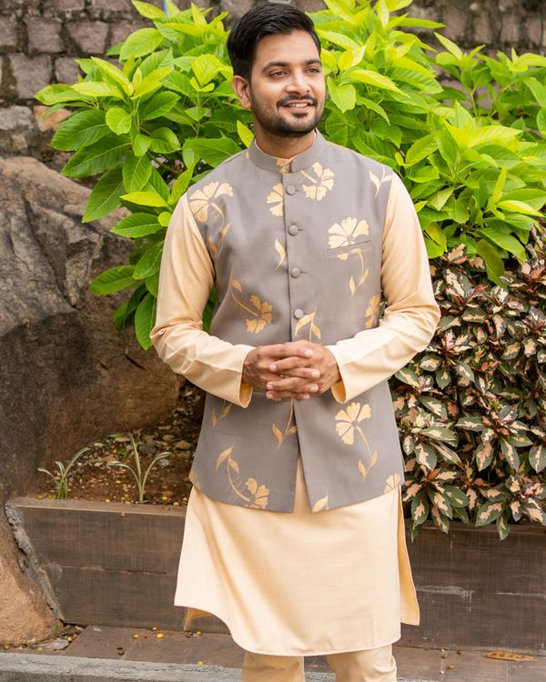 Grey flower foil printed nehru jacket with beige kurta and pyjama - set of three 2