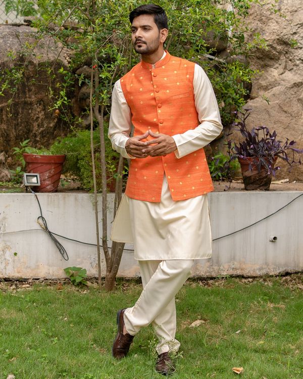 Orange chanderi cotton polka dotted nehru jacket with off white kurta and pyjama - set of three 3