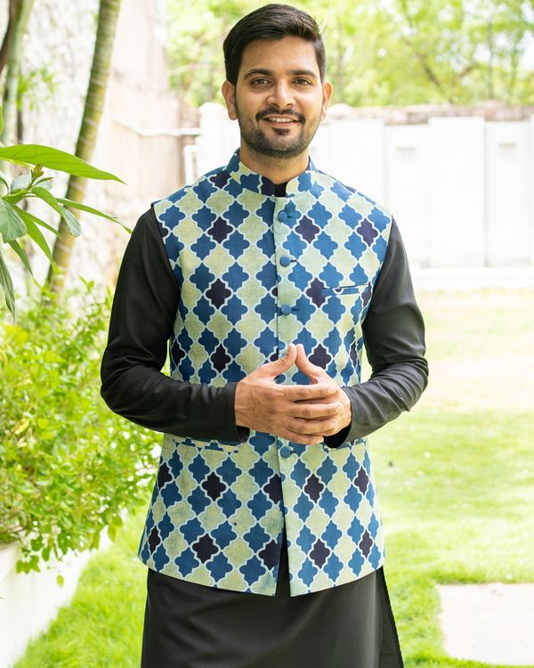Blue and black abstract nehru jacket 1