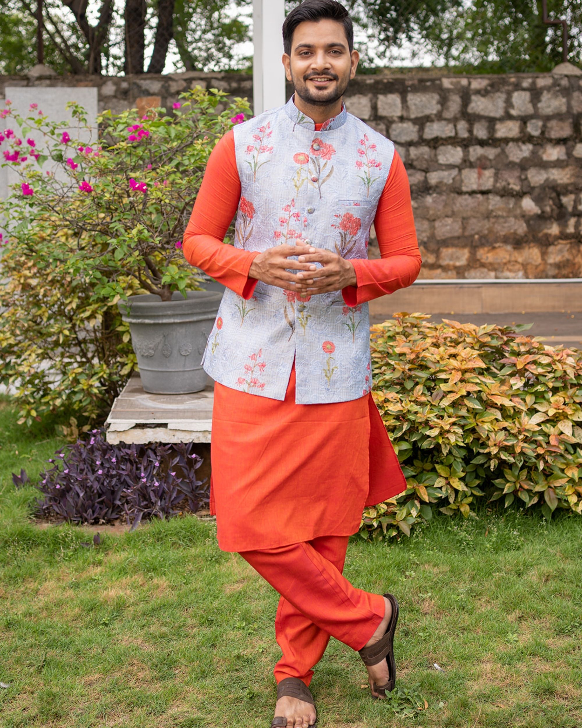 Blue kota embroidered nehru jacket with orange kurta and pyjama - set ...