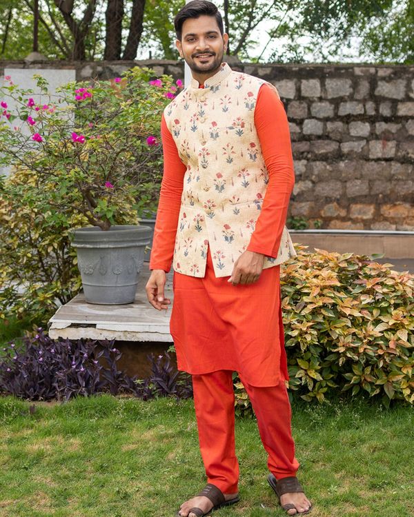 Beige kota embroidered nehru jacket with orange kurta and pyjama - set of three 1