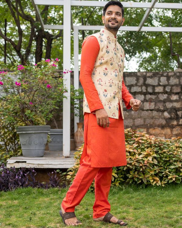Beige kota embroidered nehru jacket with orange kurta and pyjama - set of three 3