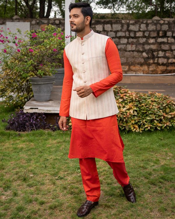 Beige striped nehru jacket with orange kurta and pyjama - set of three 3