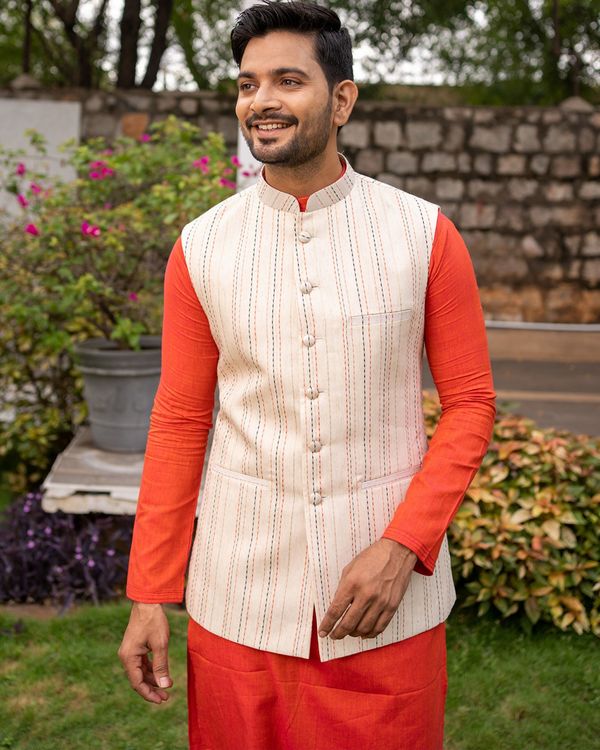 Beige striped nehru jacket with orange kurta and pyjama - set of three 2