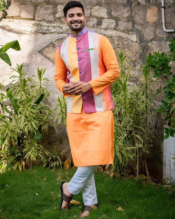 Orange kurta and off white pyjama with multi color nehru jacket - set of three 2
