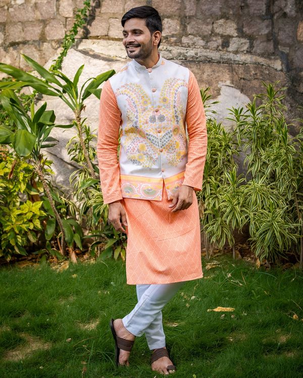 Peach kurta and off white pyjama with printed nehru jacket - set of three 3