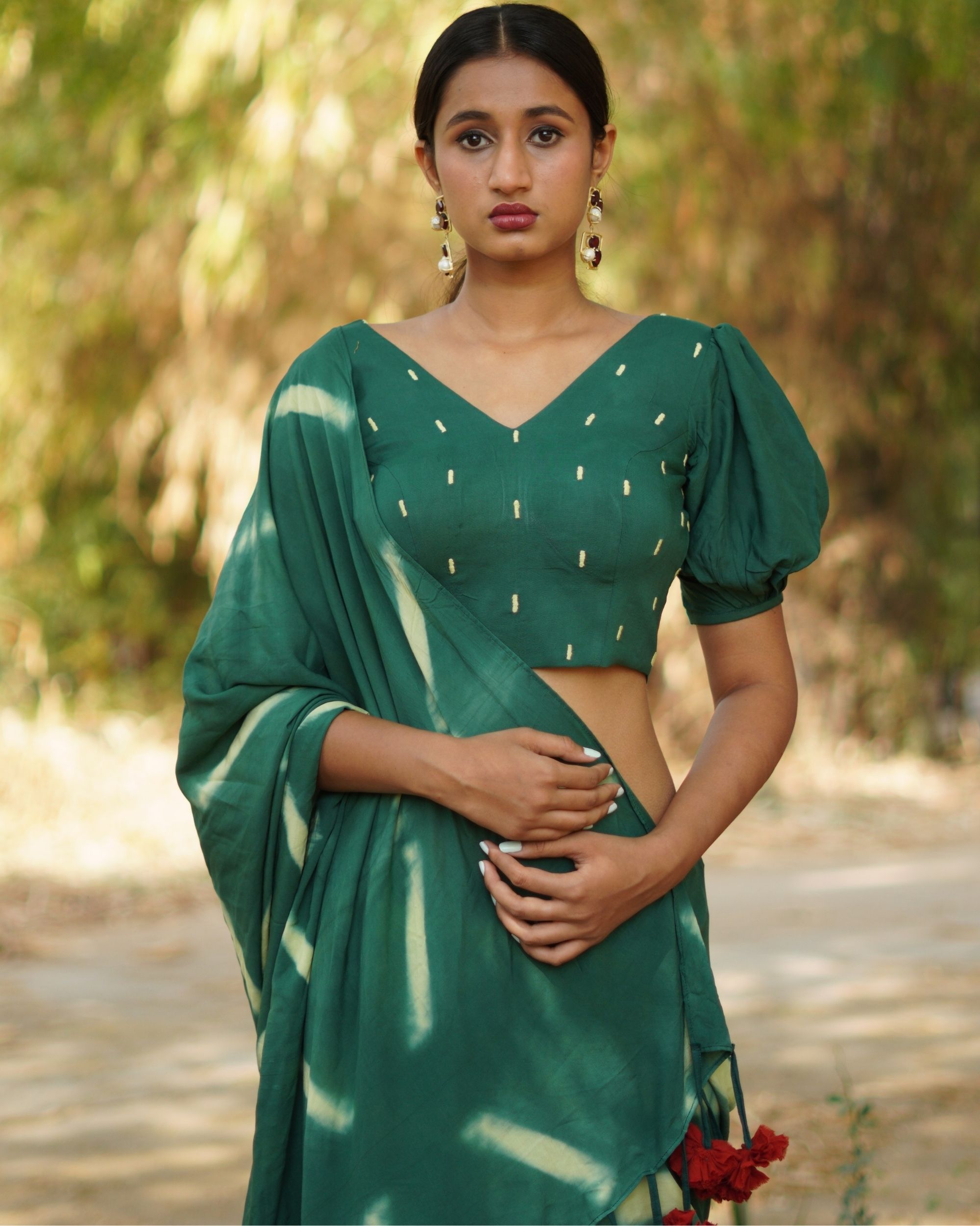 Green clamp dyed saree with blouse piece - set of two by Studio Tattva ...