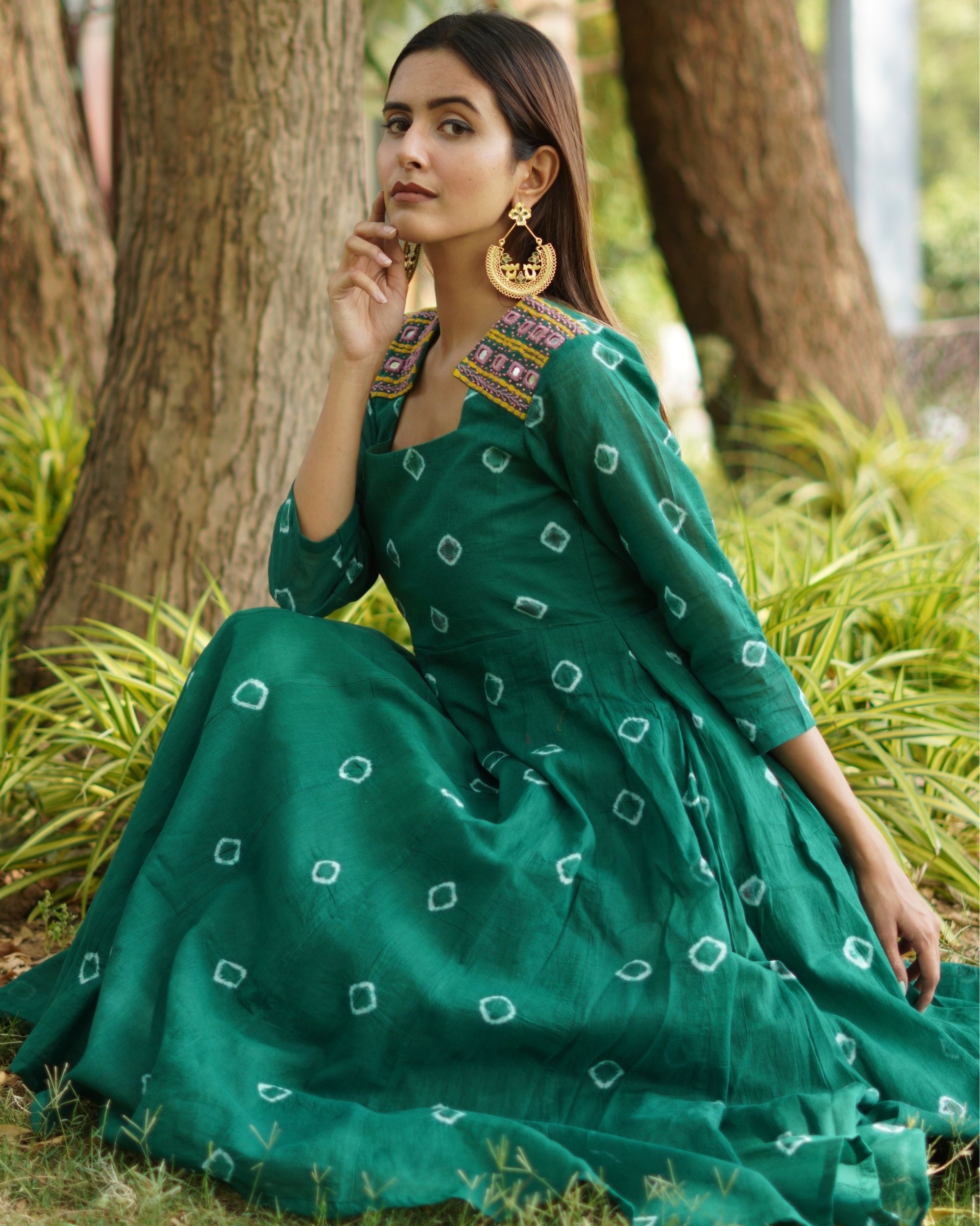 Green bandhej hand embroidered patch kalidar kurta by Studio Tattva
