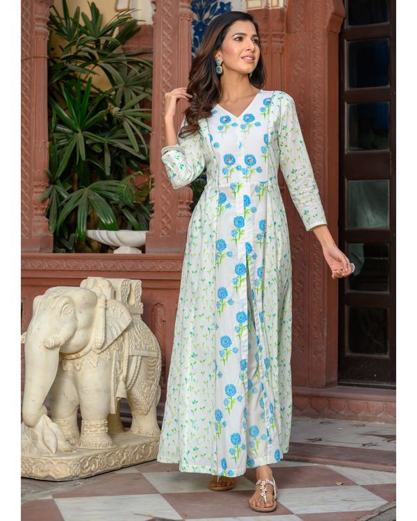 White and blue marigold printed kali kurta and pants with dupatta set