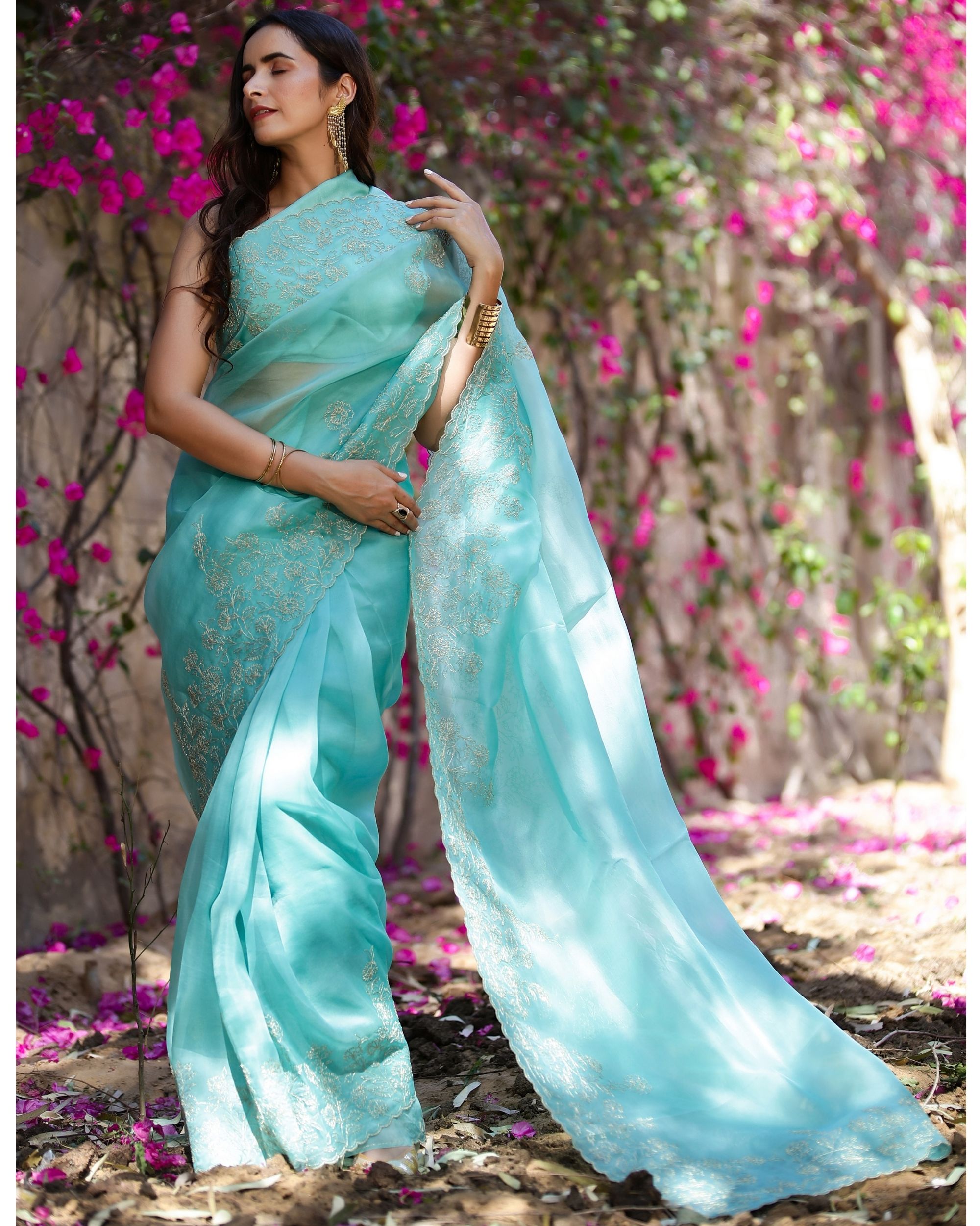 Buy Green Pure Silk Organza Saree Set by Designer CHARU MAKKAR