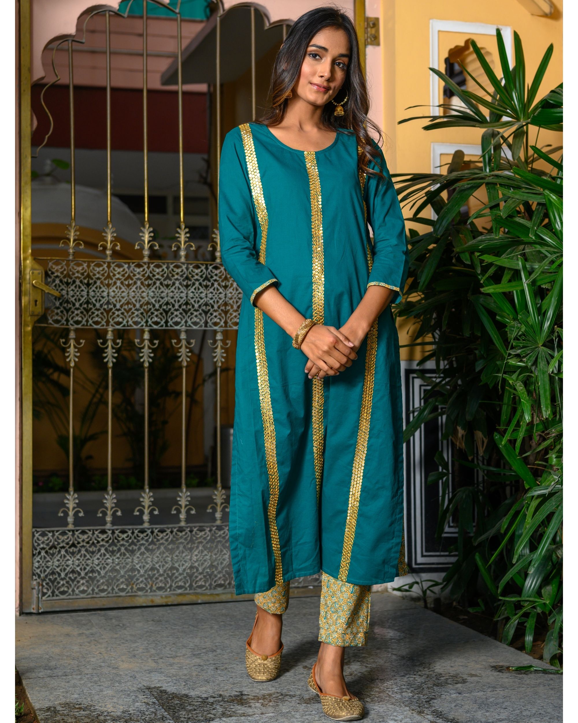 Teal green kurta with pants - set of two by Suramya | The Secret Label