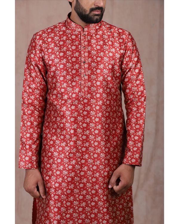 Cherry red floral printed kurta with churidar set - set of two 2
