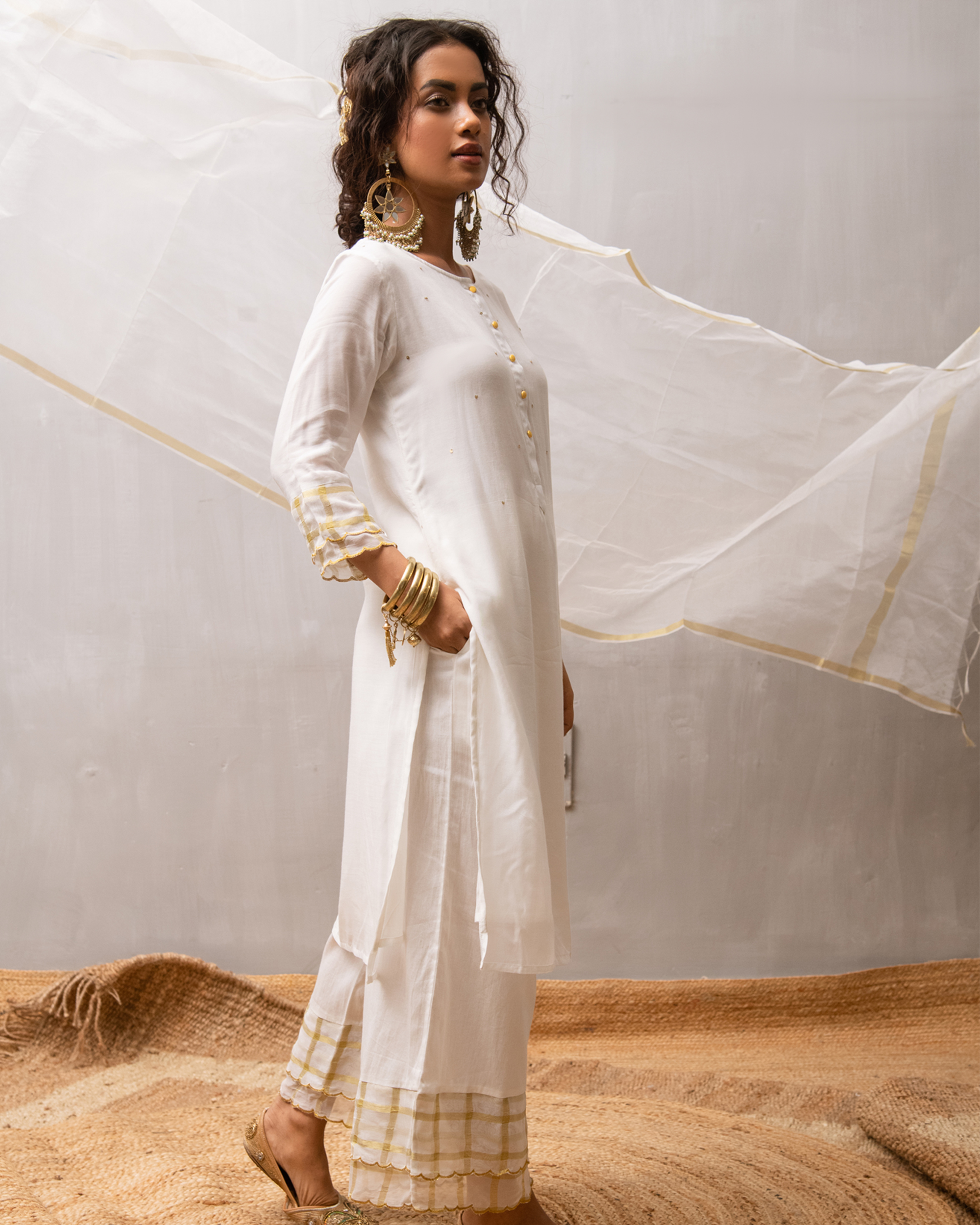 White sequin kurta with palazzo and dupatta - set of three by Gulaal ...