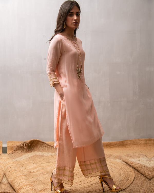 Peach sequin kurta with palazzo and dupatta - set of three 1