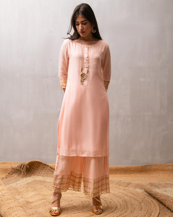 Peach sequin kurta with palazzo and dupatta - set of three 2