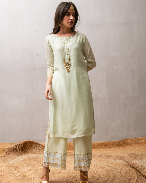 Green sequin kurta with palazzo and dupatta - set of three 1