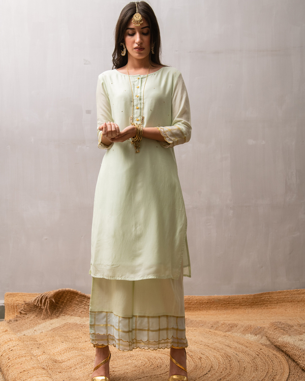 Green sequin kurta with palazzo and dupatta - set of three 2