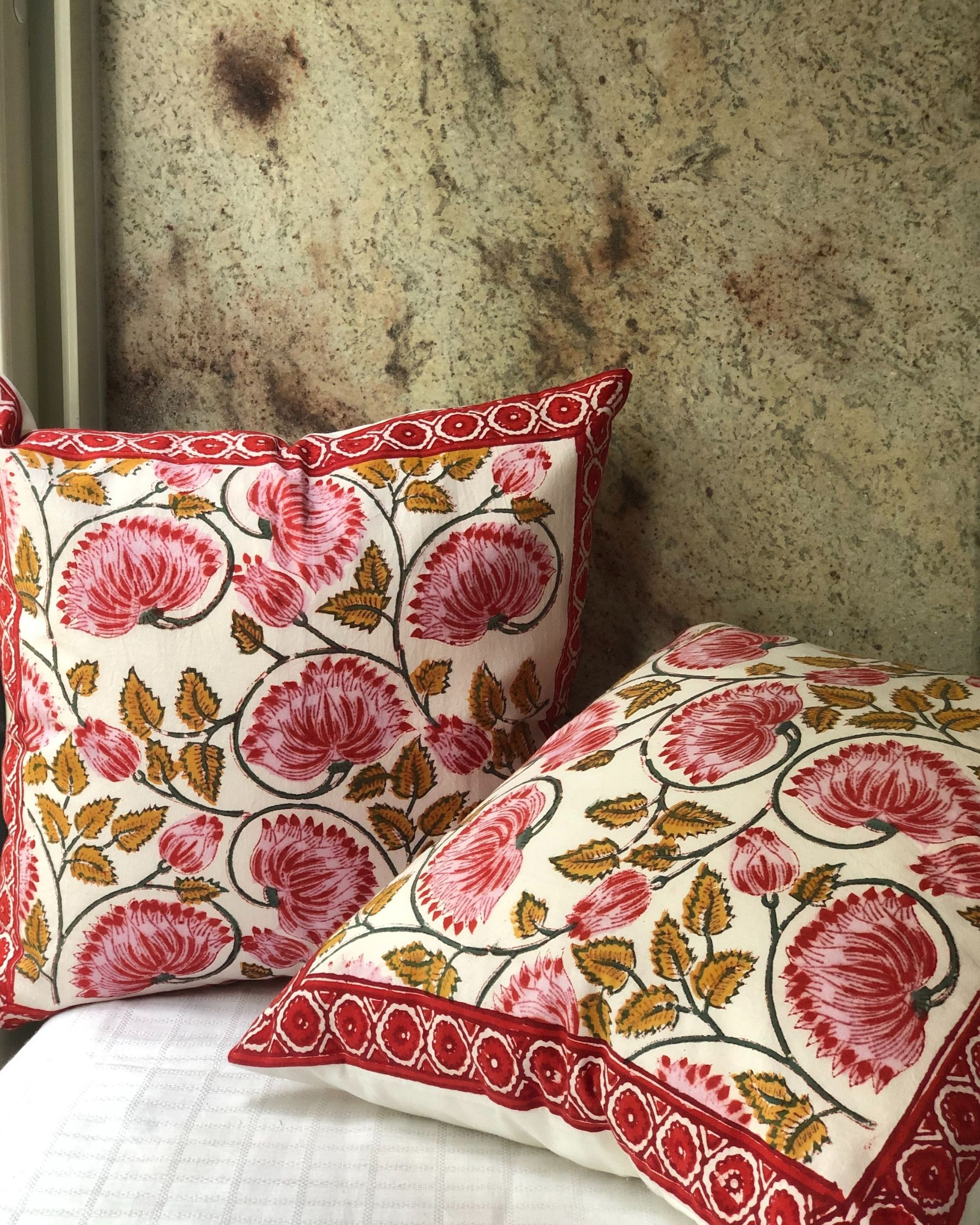 Indian White Red Floral Collection Of All Size Hand Block Printed Cushion Covers 