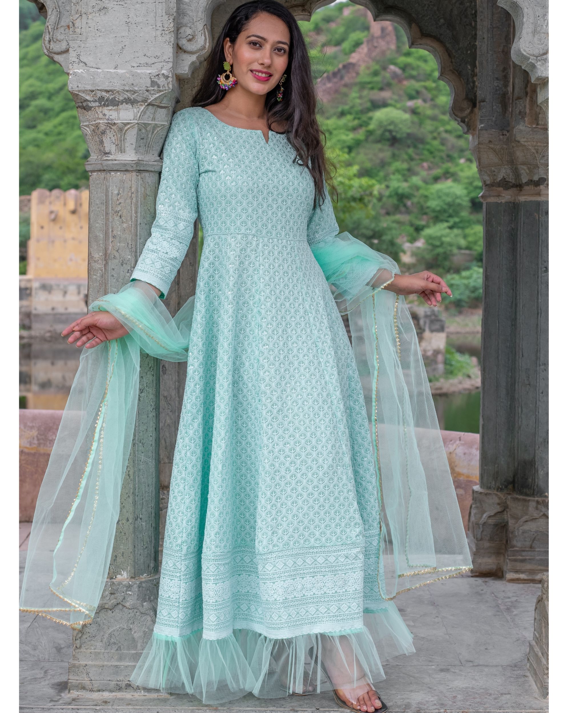 Rama green lucknowi chikankari dress with bijiya work net dupatta - set ...