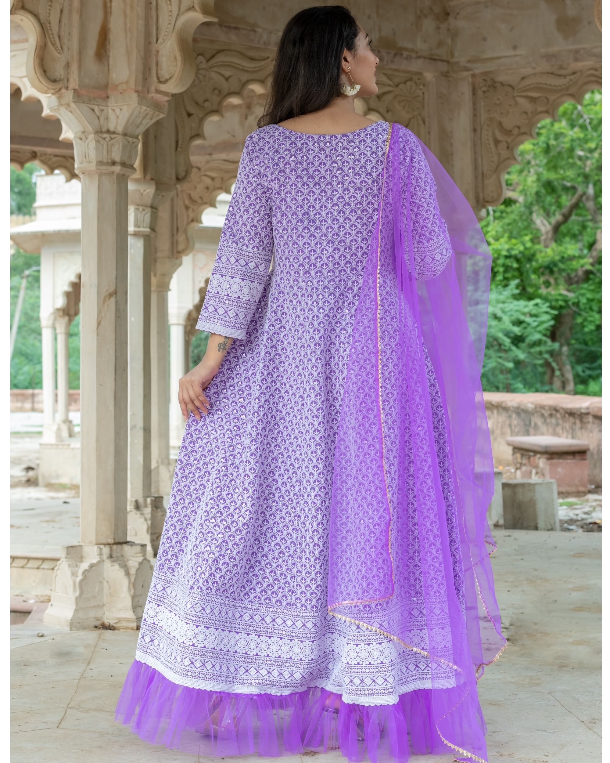 Purple lucknowi chikankari dress with bijiya work net dupatta - set of ...