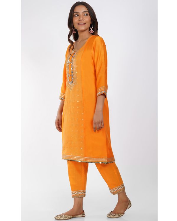 Bright orange chanderi kurta and cotton lace pants with floral organza dupatta - set of three 2
