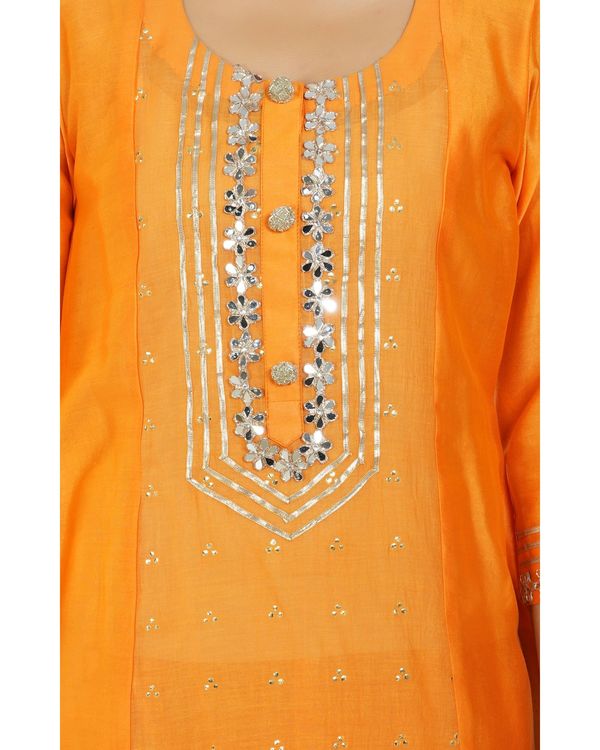 Bright orange chanderi kurta and cotton lace pants with floral organza dupatta - set of three 3