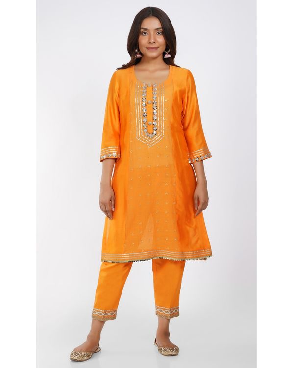 Bright orange chanderi kurta and cotton lace pants with floral organza dupatta - set of three 4