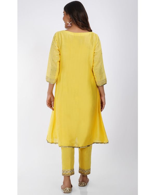 Sunflower yellow lace kurta and pants with organza floral dupatta  - set of three 1
