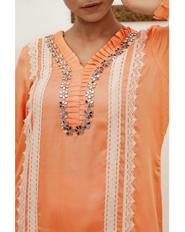 Light orange panelled lace kurta and pants - set of two 2