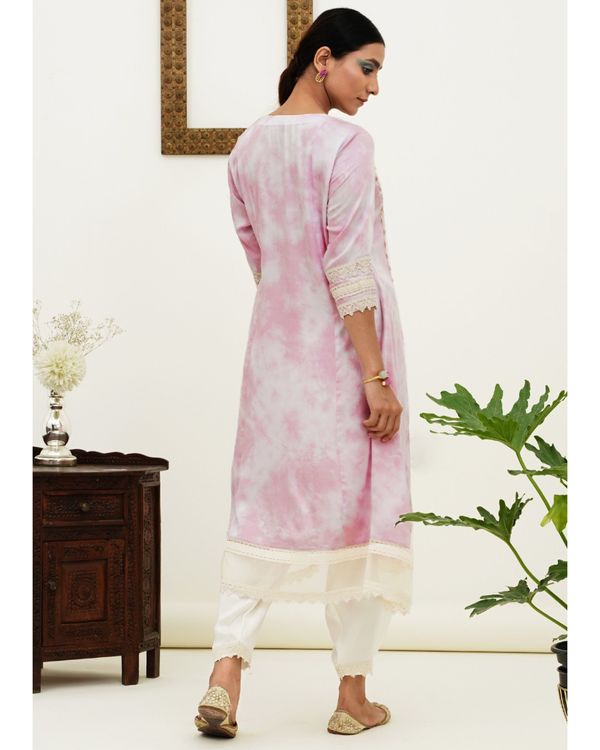 Pink tie and die lace kurta and off white pants - set of two 1