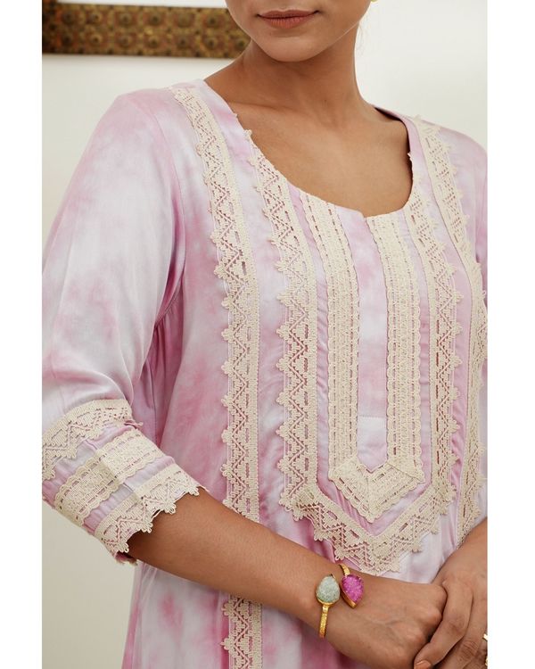 Pink tie and die lace kurta and off white pants - set of two 2