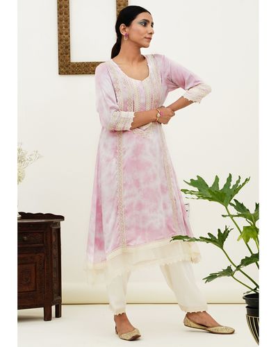 Yellow leheriya upada silk dress with pink banarsi silk dupatta - set of two