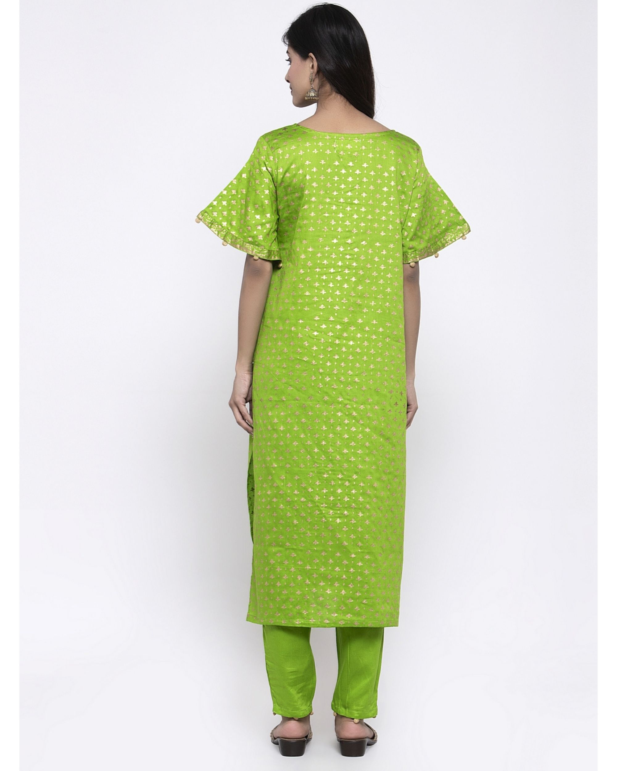 Parrot green printed kurta with pants - set of two by Free Living | The ...