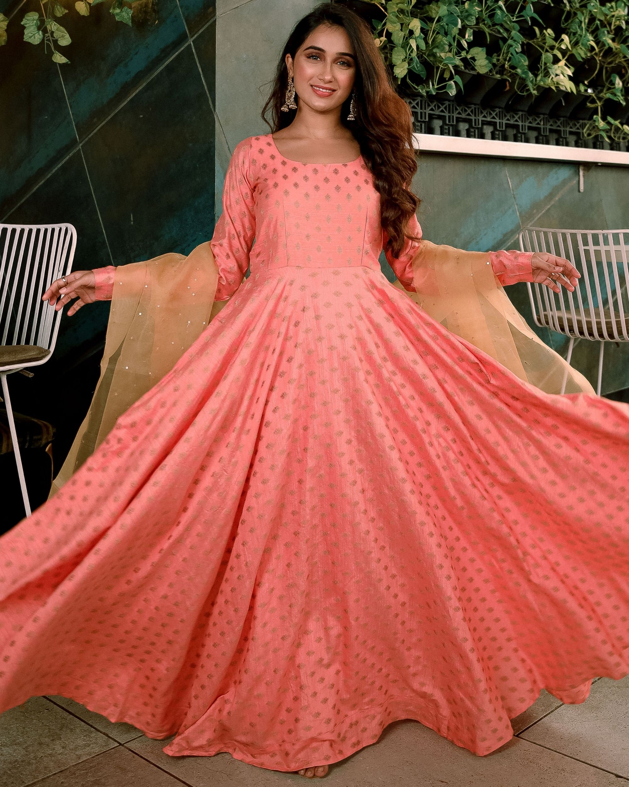 peach colour gown with dupatta