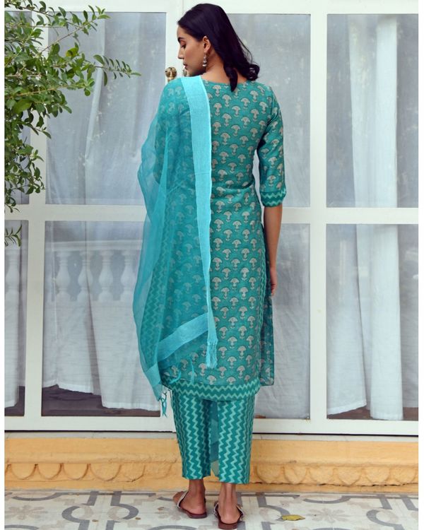 Turquoise buti kurta with zigzag pants and dupatta - set of three 3