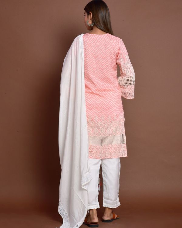 Pink cutwork embroidered lace kurta with off white pants and dupatta - set of three 1