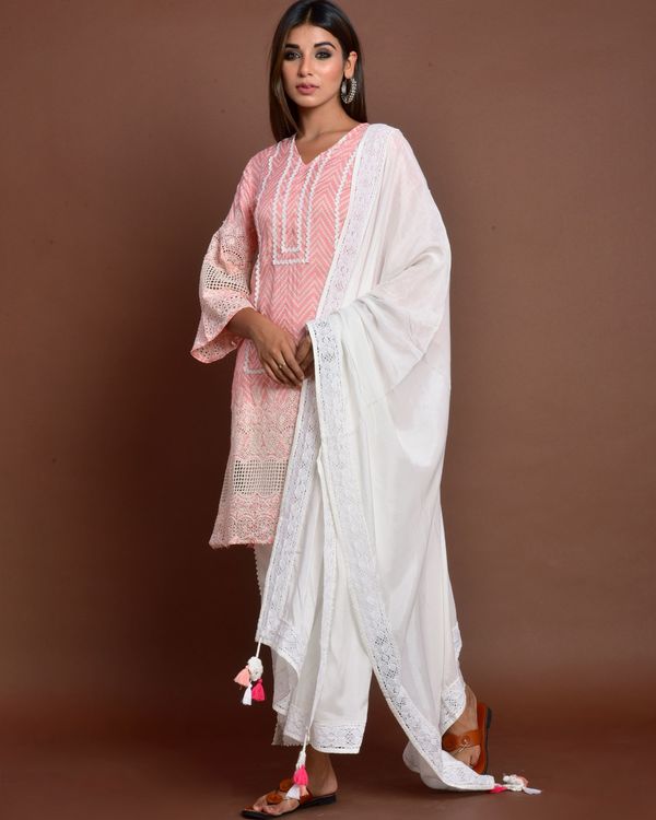 Pink cutwork embroidered lace kurta with off white pants and dupatta - set of three 3