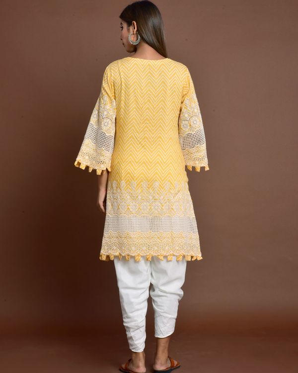 Yellow cutwork embroidery kurta and off white tulip pants - set of two 1